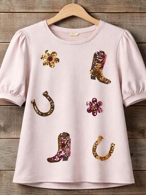 Mesh + Love Pink Sequin Western Puff Sleeve Top NWT Small